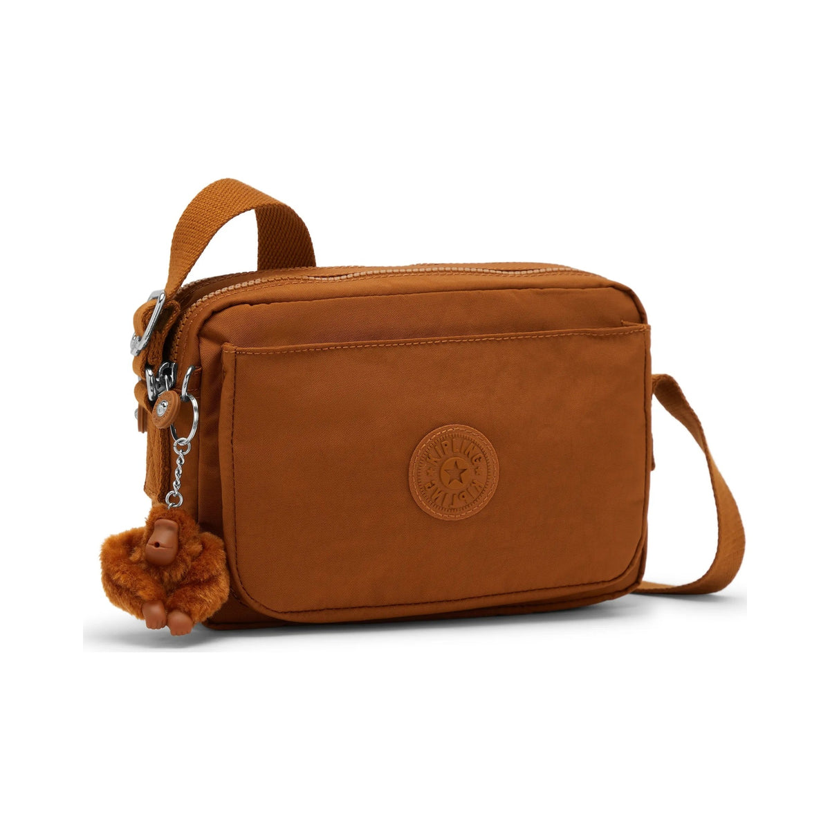 Bolsa Kipling Abanu M Mokka, vista lateral com chaveiro de macaquinho